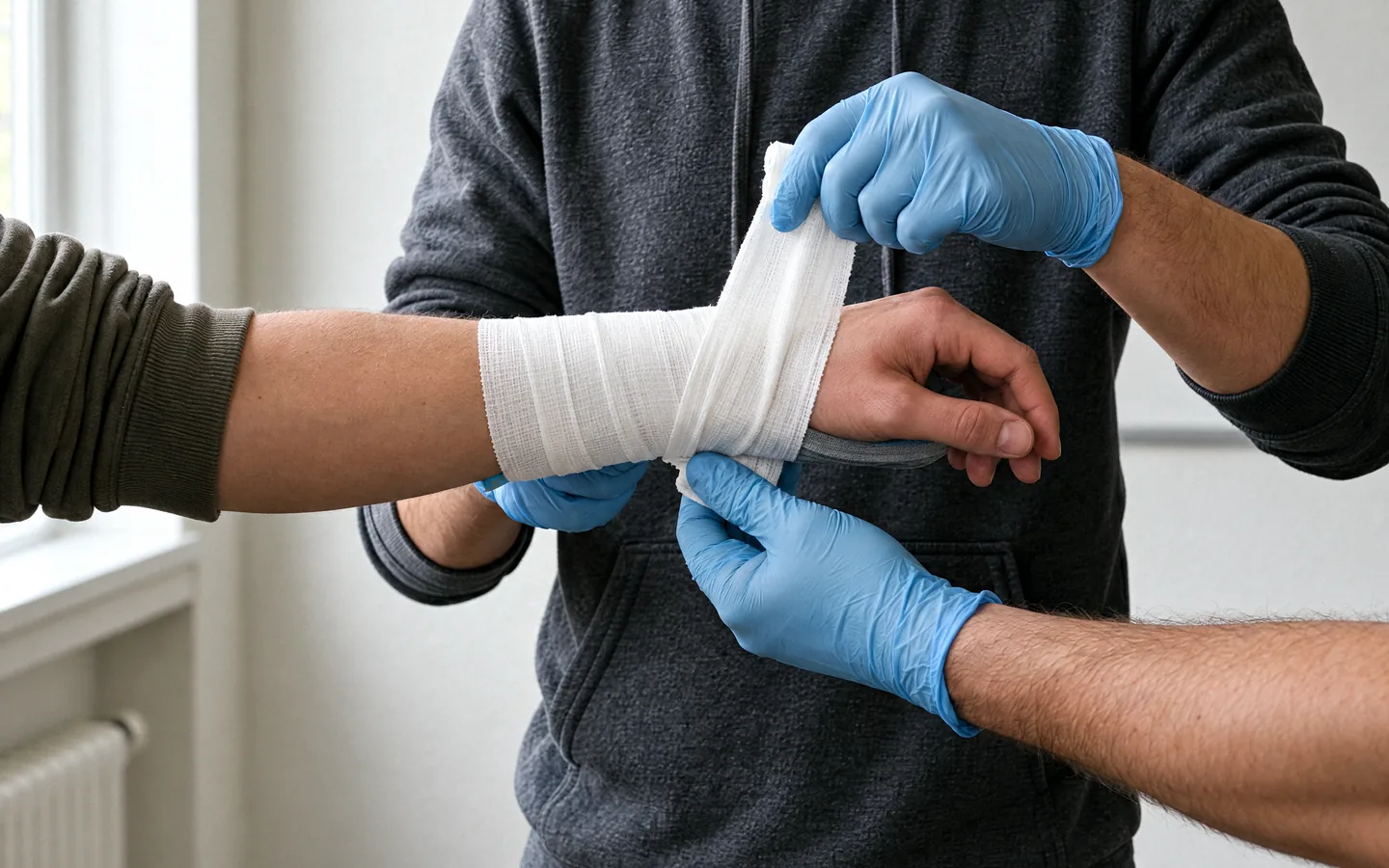 Hands practising a bandage on a learner’s forearm