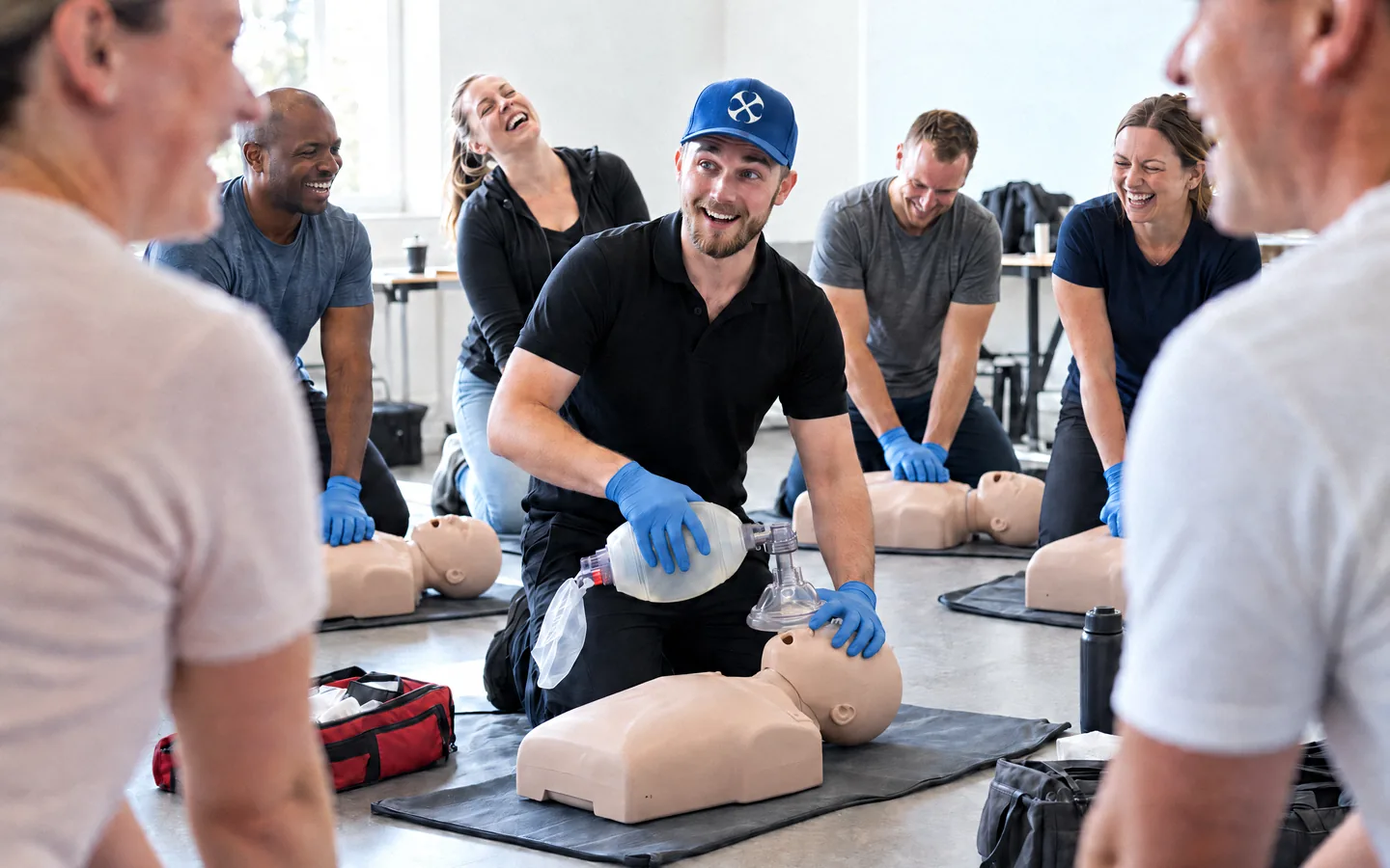 A first aid instructor and learners sharing a light moment during training