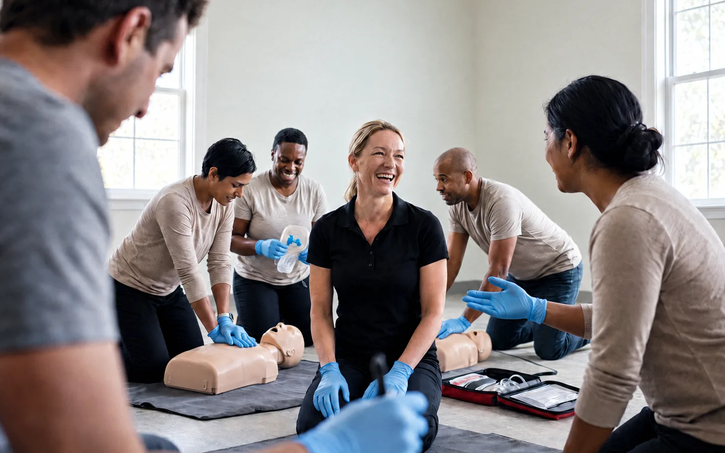 Learners practising chest compressions on manikins with an instructor