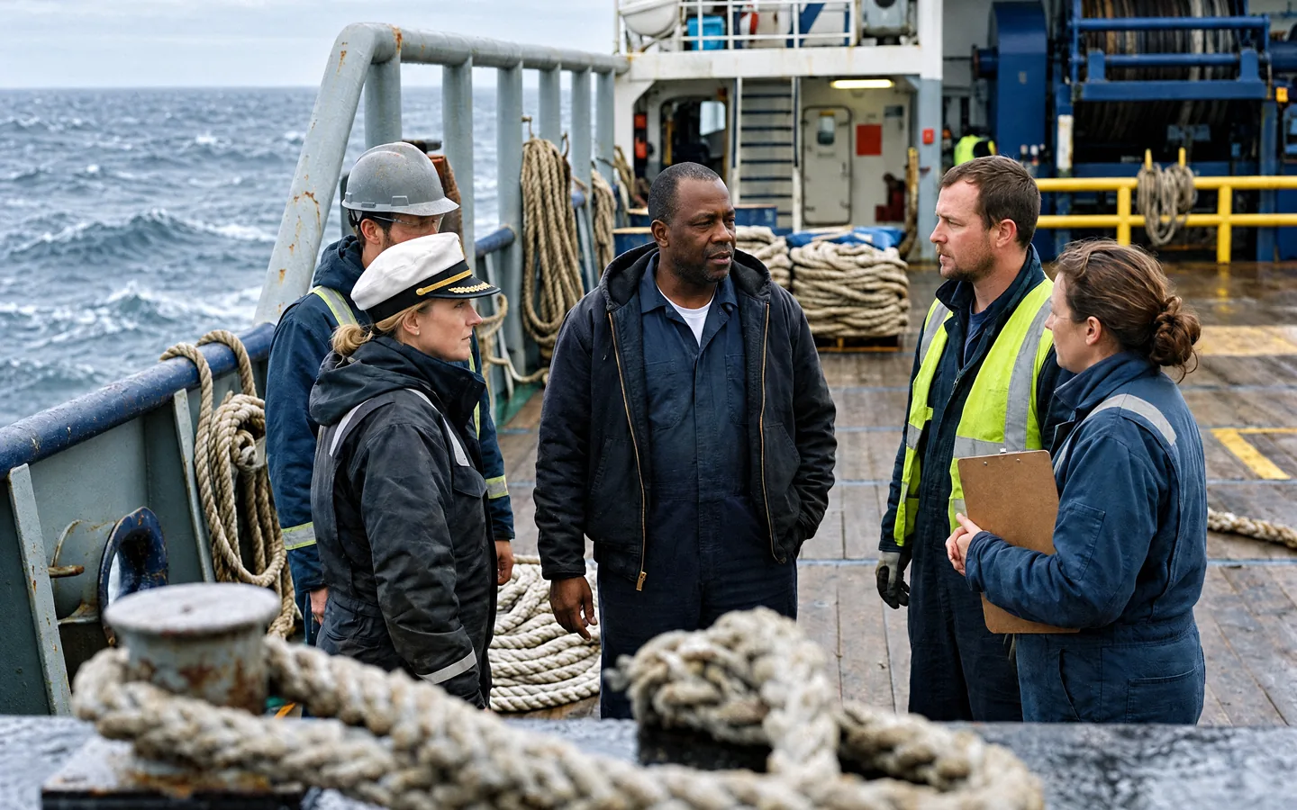 A workplace team talking together on the deck of a vessel