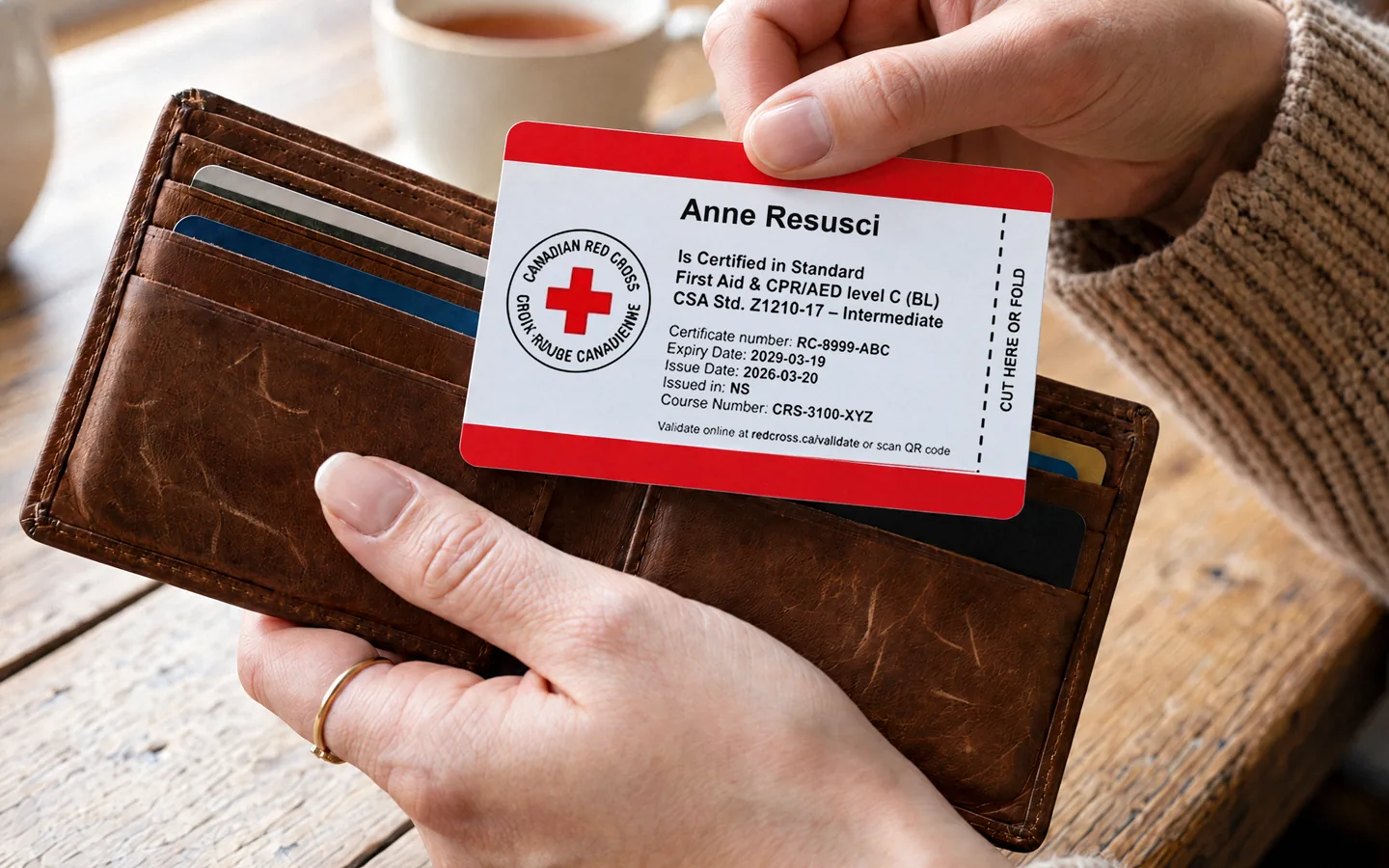 A sample Red Cross first aid certification card held beside a wallet