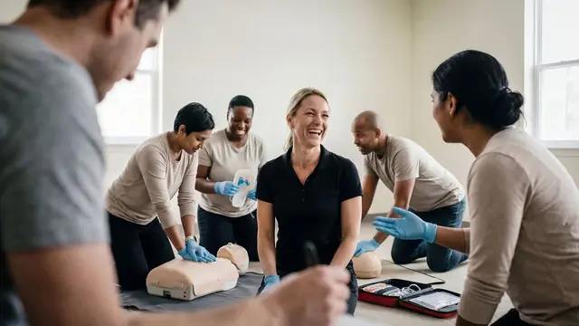 Learners practising first aid around a training manikin