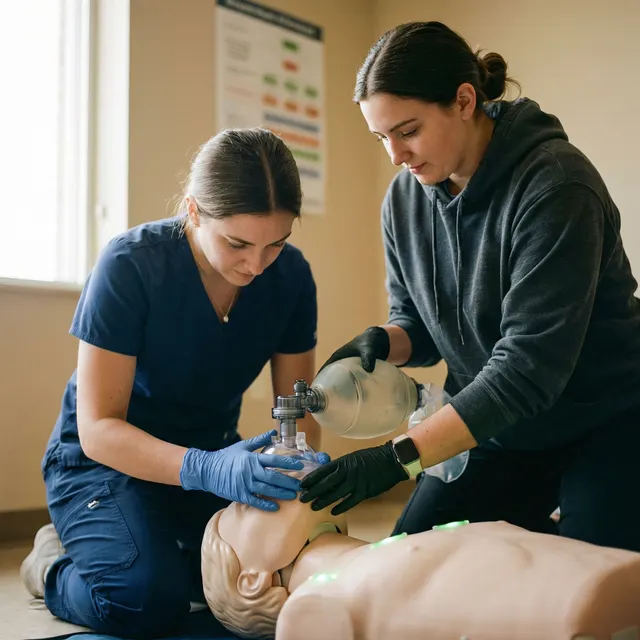 BLS practice with a bag-valve mask and CPR manikin